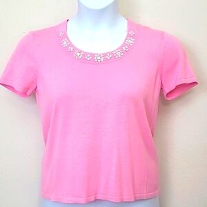 Vintage Pink Knit Beaded Sweater Top M Mother of Pearl Embellished Short Sleeve